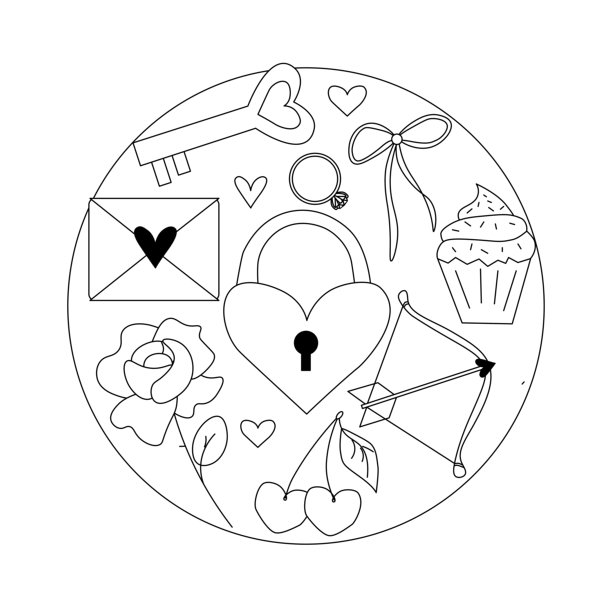 情人节圆形构图。矢量线条黑白插画。用于Logo、印刷品、漫画、时尚、波普艺术、版画、设计、贴纸、装饰、海报的剪影标志。图片下载