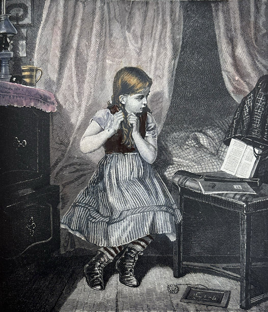 古董插画 - 年轻女孩坐在床上，一边看书一边整理头发图片下载