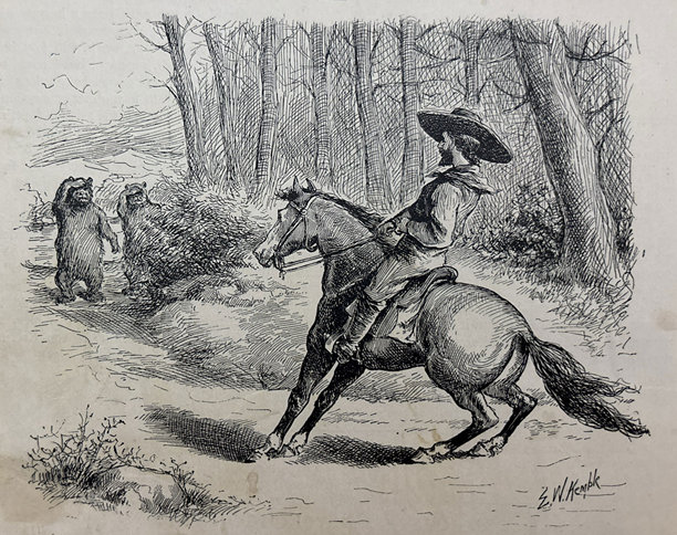 古董插画——一个戴着宽边帽的男人骑马停在一片树林里的熊前图片下载