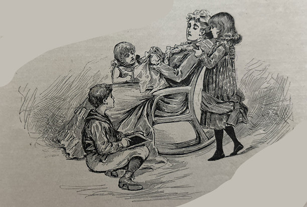 复古插画 - 孩子们围坐在摇椅上的女人身边图片下载