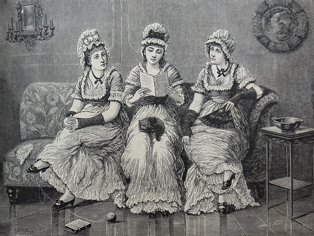 古董插画——三位身着长裙、头戴帽子的女士并排坐在沙发上阅读，旁边还有一只猫。图片下载