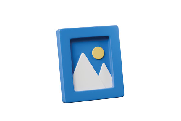 3d照片相框图标，孤立在白色背景上。相框内有极简卡通风景和太阳。画廊标志。社交媒体帖子。摄影概念。文件类型JPEG、PNG、JPG。3d渲染。图片下载