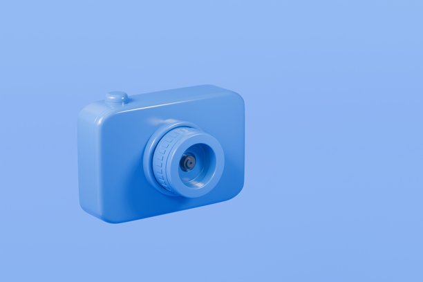 3D相机数字图标，带镜头。摄影，电子数码摄影器材设备概念。极简卡通风格相机，蓝色主题，孤立在透明背景上。PNG。3D渲染。图片下载