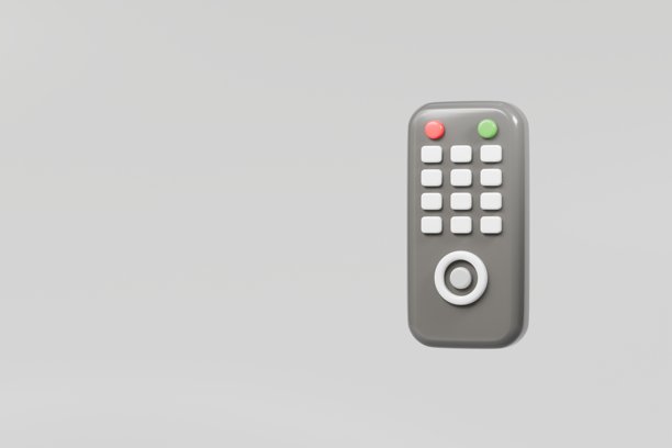 3D遥控电视图标。电子设备，娱乐数字视频媒体概念。极简卡通现代无线电视遥控器，孤立在透明背景上。PNG。3D渲染。图片下载