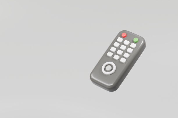 3d电视遥控器图标。电子设备，娱乐数字视频媒体概念。简约卡通现代电视无线遥控器，孤立在透明背景上。PNG。3d渲染。图片下载