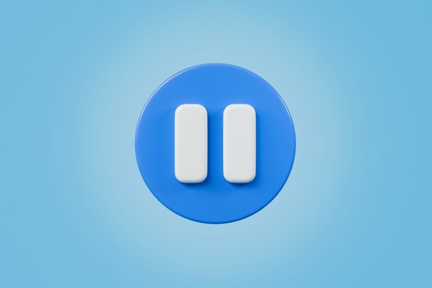 3D写实暂停图标。用于开始多媒体的蓝色圆形暂停按钮，具有简洁多彩的视频概念和音频播放。极简卡通手表按钮孤立在蓝色背景上。3D渲染。图片下载