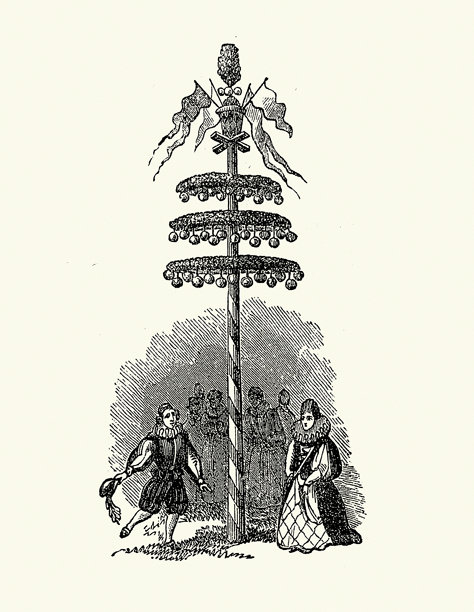 英国五月柱，一种高而常装饰的柱子，常作为民间舞蹈和节日（尤其在五月节前后）的焦点，庆祝春天、生育和夏天的到来。复古插画，17世纪。图片下载