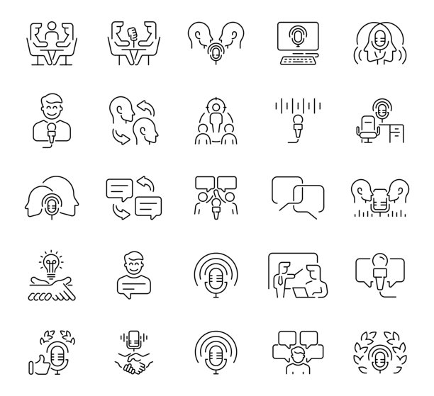 播客、麦克风、声波、耳机和媒体工具，采用极简线条风格插画。音频主题的50个轮廓图标集。图片下载