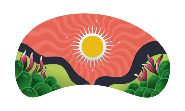 简约自然风光插画，包含绿色山丘、葱郁花园植物，以及明媚阳光在橙色天空下闪耀图片下载