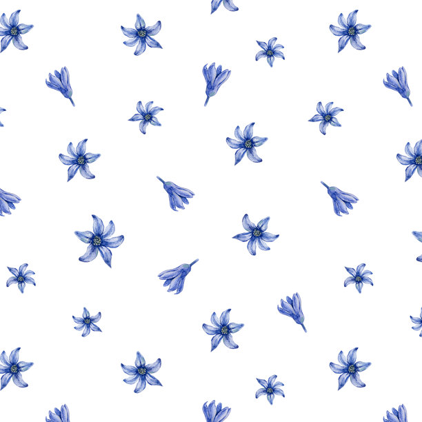 水彩蓝色花卉无缝图案，白色背景，精致的花卉手绘植物插画图片下载