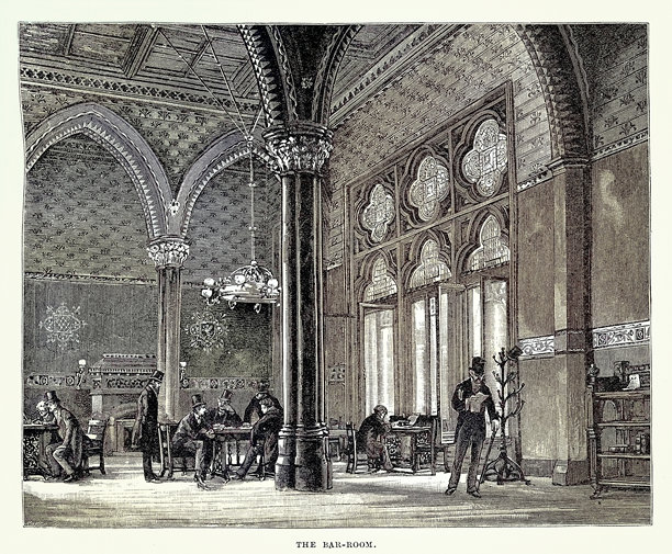 酒吧，皇家法院，伦敦，维多利亚哥特复兴式建筑，复古插画，19世纪80年代，19世纪图片下载