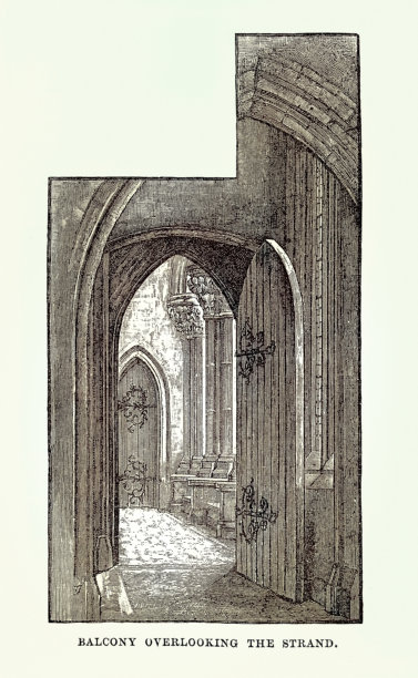 俯瞰伦敦皇家法院（维多利亚哥特复兴建筑）的阳台，19世纪80年代的复古插画图片下载