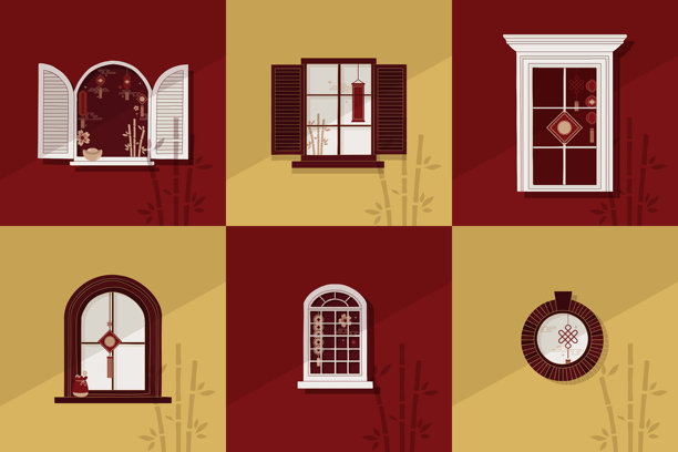 中国新年装饰窗户外观，扁平简约手绘元素插画风格套装，传统灯笼、竹子和东方装饰设计。亚洲农历新年庆祝节日室内装饰图片下载