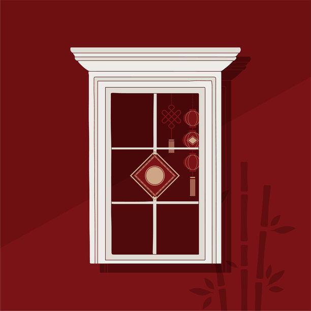 春节装饰窗户立面，扁平简约手绘元素插画风格，传统灯笼、竹子和东方装饰矢量设计。亚洲农历新年庆祝节日室内装饰。图片下载