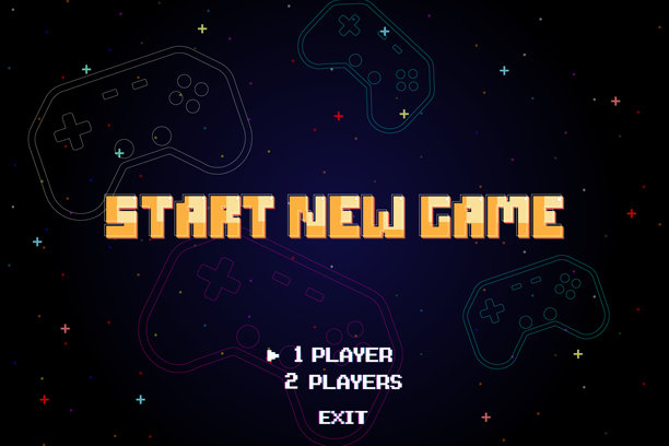通过选择玩家或退出游戏主菜单来开始新游戏。具有灯光效果的现代潮流游戏背景。矢量插画图片下载