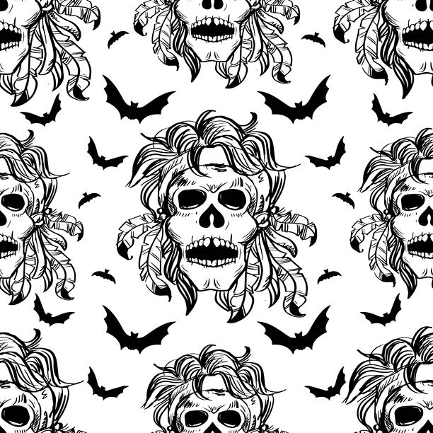 带有骷髅、蝙蝠和羽毛的无缝图案。万圣节矢量插画。图片下载