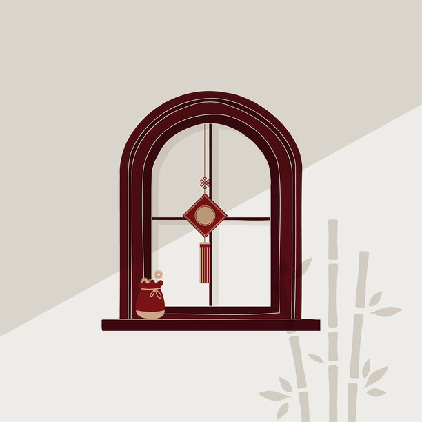中国新年装饰窗户外观，扁平简约手绘元素插画风格，传统灯笼、竹子和东方装饰矢量设计。亚洲农历新年庆祝节日室内装饰图片下载