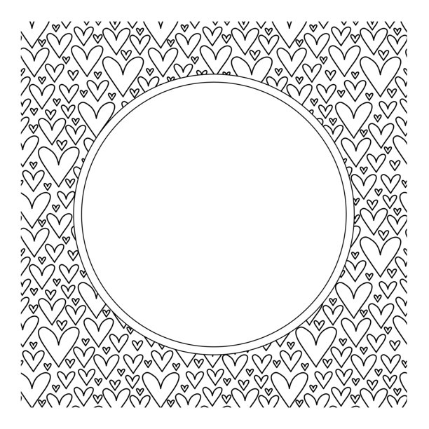 心形特写涂鸦 情人节圆形方形边框模板图案。矢量线条黑白插画，适用于包装、节日设计、面料和纺织品。图片下载