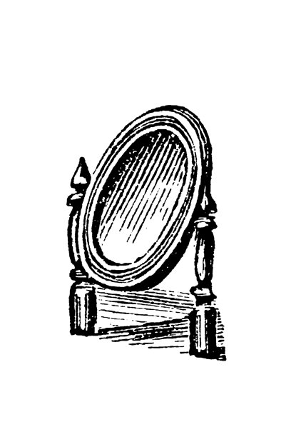 华丽的独立式椭圆形镜子，带有精美的木雕，展示了经典的古董插画设计，1897年图片下载