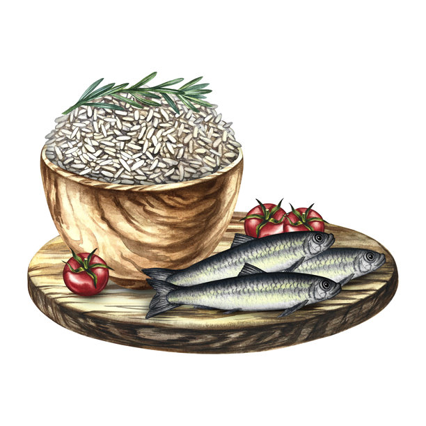 沙丁鱼配米饭、迷迭香和圣女果。手绘水彩插画。菜单设计、食谱和食谱书的元素。适用于横幅、传单、包装、标签等。图片下载