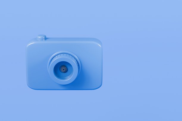 3D相机数字带镜头图标。摄影，电子数码摄影器材设备概念。极简卡通风格相机，蓝色主题，透明背景。PNG。3D渲染。图片下载