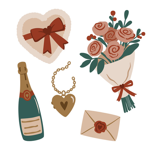复古情人节剪贴画合集 - 玫瑰、心形礼品盒、香槟酒瓶、情书和坠饰项链 - 平面矢量插画图片下载