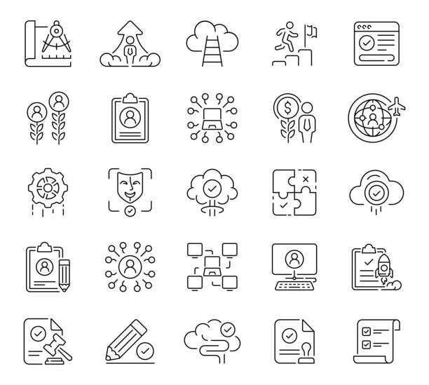 任务线条图标集。与任务相关的细线条图标集。轮廓图标包。任务、愿景、核心焦点、核心价值、研究、价值观、卓越、创意、目标插图。图片下载