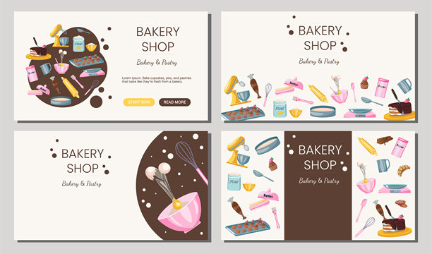 包含烘焙工具、食材和甜点的面包店横幅套装。非常适合糕点店、食品品牌、网站标题、菜单、促销活动、社交媒体和烘焙营销设计。图片下载