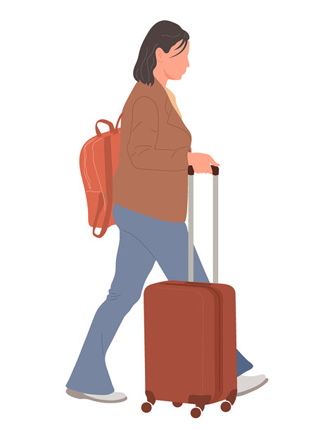 背着背包和拖着行李箱的女性行走。旅行。侧面视角。矢量插图，白色背景上独立呈现。图片下载