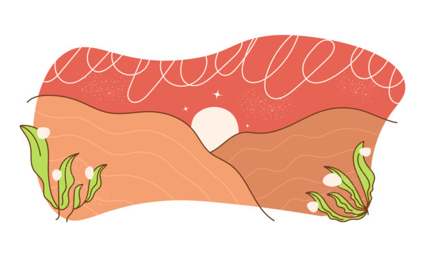 手绘极简沙漠景观插画，太阳位于沙丘中央图片下载