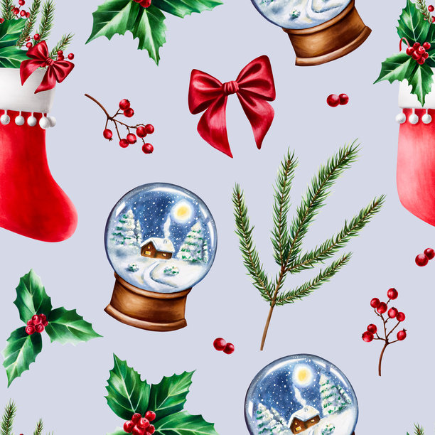 无缝圣诞松枝图案，包含礼物长筒袜、木架上的玻璃雪球。写实丰茂常绿植物的中国新年水彩插画，描绘了孤立在白色背景上的树枝部分。供设计师使用。图片下载