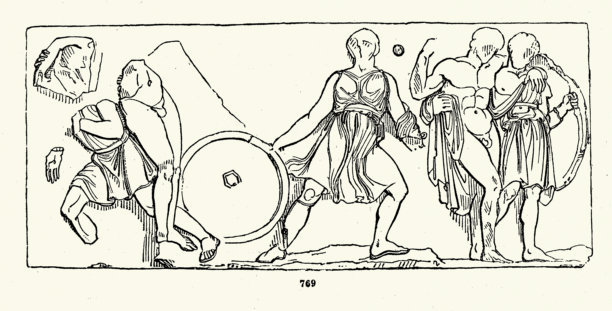 古希腊历史，希腊人与亚马逊女战士的战斗，菲加利亚阿波罗神庙饰带上的浅浮雕，复古插画图片下载
