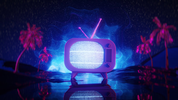 老式电视机显示雪花点，三维渲染图片下载