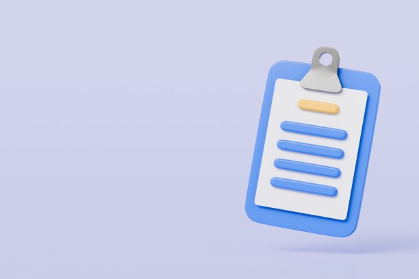 3D蓝色剪贴板图标，带有纸质笔记符号。用于记录笔记、合同、日程安排、工作计划的文档。卡通极简风格，孤立在紫色背景上。3D渲染插画。图片下载