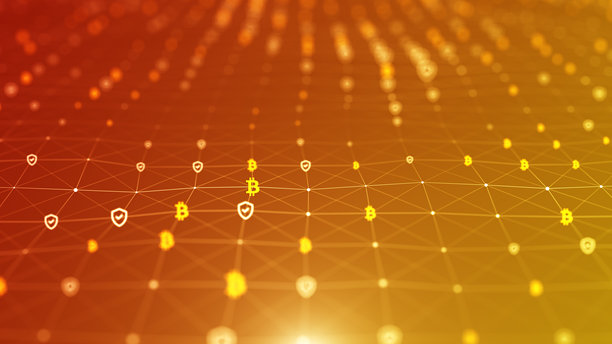 4K比特币和安全图标，连接点组成的未来数字背景。无缝循环视频。抽象连接和数字网络。数据和通信技术。- 4K素材视频图片下载