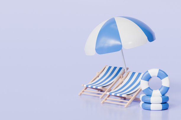 3D海滩椅和雨伞图标。夏日热带风情，阳光灿烂的一天。夏日度假概念，旅行时光概念。极简3D写实海滩雨伞图标创意设计。3D渲染插画。图片下载