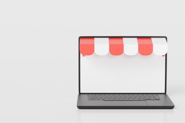 3D 笔记本电脑商店图标。笔记本电脑空白屏幕模型商店建筑。在线购物、电子商务在线购物、快速配送概念。极简写实图标设计。3D渲染插画。图片下载