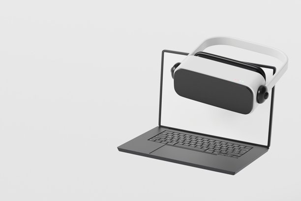 3D写实笔记本电脑设备，配有VR眼镜头显图标。增强现实概念中的新工作流程团队合作。极简笔记本电脑，配VR头显，孤立在白色背景上。3D渲染。图片下载