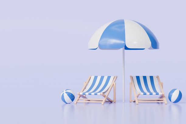 3D海滩椅和雨伞图标。晴朗夏日的热带风情。夏日度假概念，旅行时光概念。极简3D写实海滩伞图标创意设计。3D渲染插画。图片下载