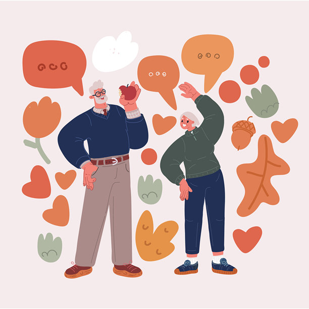 矢量插画，描绘老年人健康生活方式的概念，其中一位女士在锻炼，一位男士在吃苹果图片下载