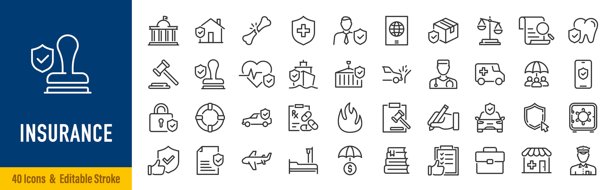 保险网页图标，线条风格。医疗、汽车、保险情景、事故、健康、洪水、人寿、旅行、飞行、家居。描边可编辑。矢量插画。图片下载