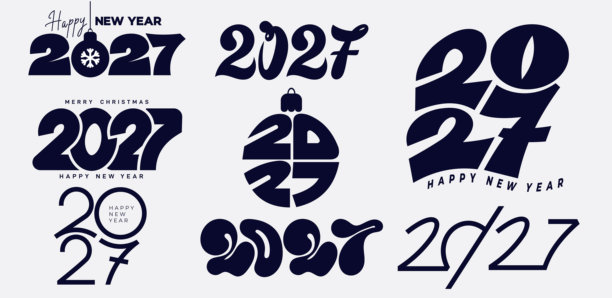 新年快乐 2027 套图。带有自定义 2027 标志字体设计的插画。新年庆祝概念。适用于横幅、贺卡、海报、社交媒体和节日品牌宣传的矢量插画。图片下载