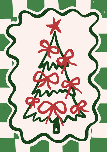 异想天开的圣诞矢量贺卡。复古怀旧节日印花设计，带有圣诞树插画，置于格子背景的俏皮边框中图片下载