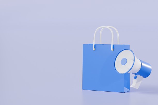 3D蓝色购物袋带有扩音器图标。纸质购物袋，扩音器。在线购物配送概念。孤立在紫色背景上。极简卡通设计图标。3D渲染插画。图片下载