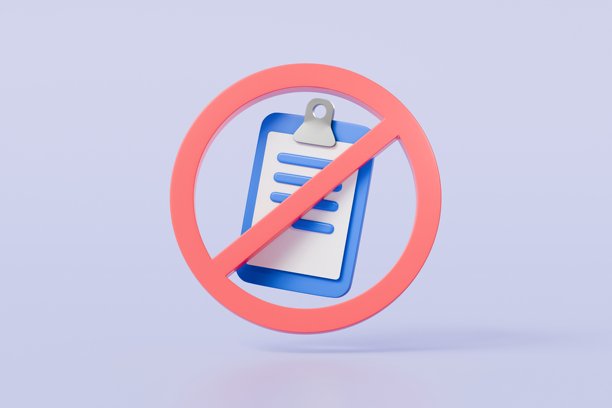 3D蓝色剪贴板，上面有纸质笔记，带有禁止、拒绝、错误选择、取消、错误、停止、不赞成图标符号。已拒绝的清单概念。极简卡通创意风格。3D渲染插图图片下载