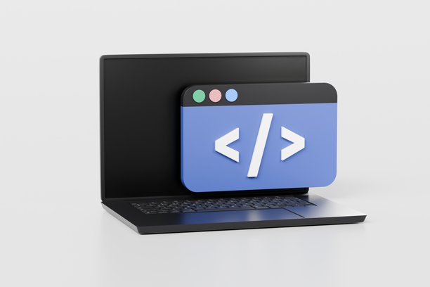 3D电脑笔记本和编程代码开发弹出图标。网页编程概念。网站编程工程语言。卡通创意设计图标，孤立在白色背景上。3D渲染。图片下载