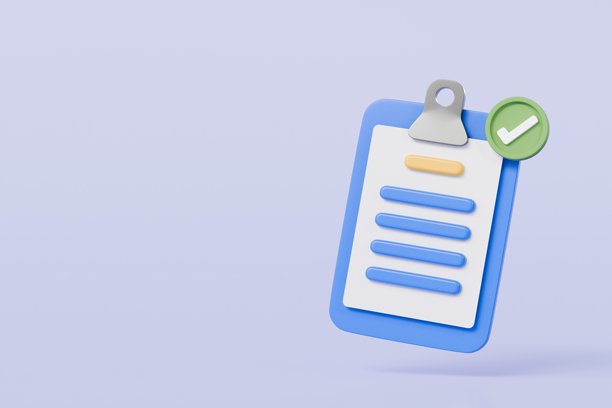 3D蓝色剪贴板，带有空白纸张笔记和复选标记图标符号。已确认或批准的文档清单已完成图标。卡通极简风格，孤立在紫色背景上，3D渲染插图。图片下载