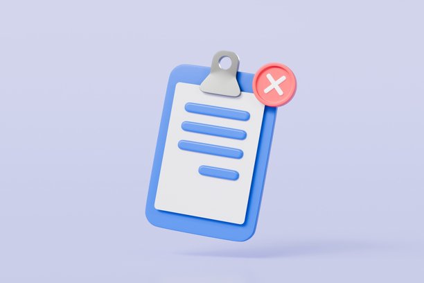 3D蓝色剪贴板，带有打叉的纸质笔记。错误选择、取消、错误、停止、不批准图标符号。拒绝清单概念。简约卡通创意风格。3D渲染插图。图片下载