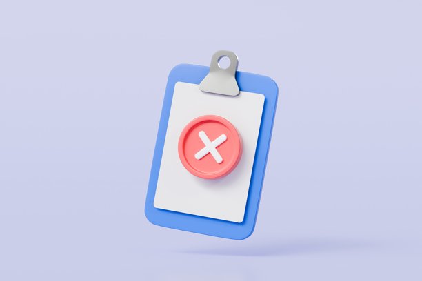 3D蓝色剪贴板，带有打叉的纸质笔记。错误选择、取消、错误、停止、不赞成图标符号。拒绝清单概念。极简卡通创意风格。3D渲染插图。图片下载