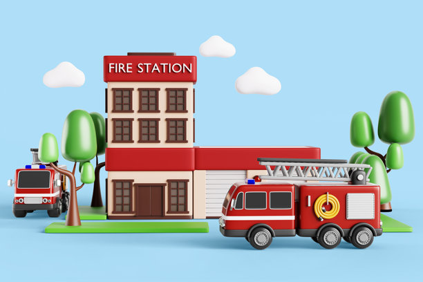 3D消防车返回消防站建筑，配有封闭的车库门。市政城市服务，消防部门正面视图。渲染紧急车辆在消防站的卡通城市景观。图片下载